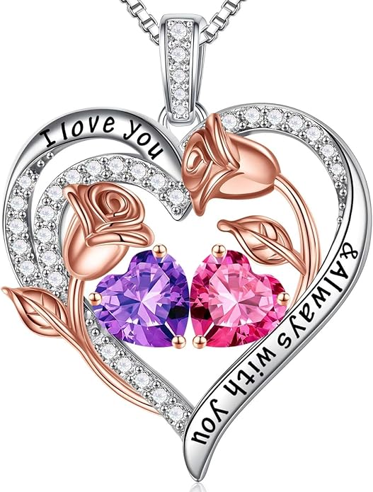 Iefil Birthstone Necklace for Women - 925 Sterling Silver Rose Heart Birthstone Necklace Birthday Anniversary Jewelry Gifts for Her Wife Mom Daughter