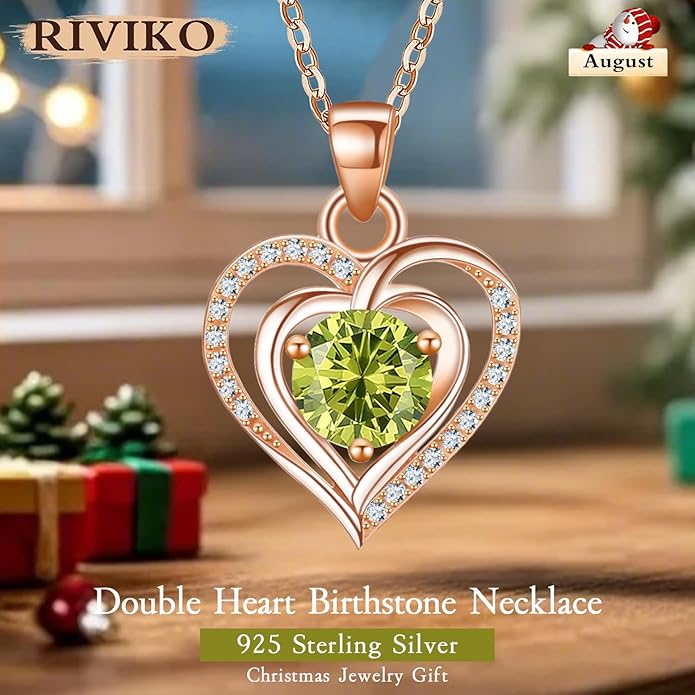 RIVIKO Heart Birthstone Pendant Necklace for Women 925 Sterling Silver Zirconia Necklaces Wedding Anniversary Birthday Mothers Day Jewelry Gifts For Her Mother Wife