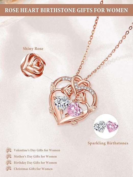 Rose Gold Necklaces for Women Double Birthstone Rose Flower Heart Pendant Necklace Jewelry Anniversary Christmas Valentine's Mother's Day Birthday Gift for Wife Mom Her Girlfriend Sister