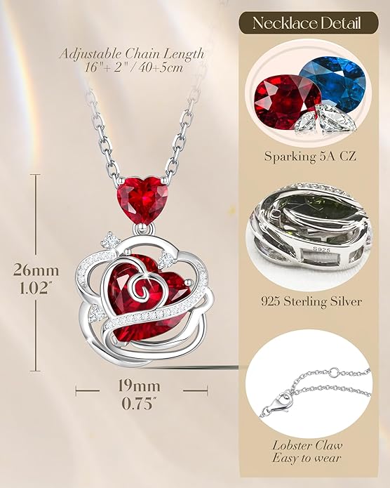 FANCIME Thornless Pulse Birthstone Necklace for Women Sterling Silver Rose Pendant Fine Jewelry Gemstone Birthday Valentines Day Gifts for Wife Her