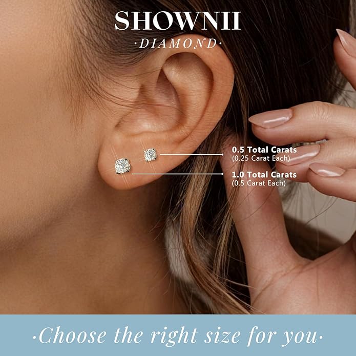 SHOWNII Diamond 4-Prong Lab-Grown Diamond Stud Earrings for Women 0.5CT 1CT 14K Gold Plated S925 Sterling Silver Screw Back Earrings(I-J Color, S1-VS2 Clarity)