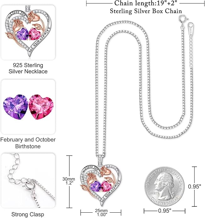 Iefil Birthstone Necklace for Women - 925 Sterling Silver Rose Heart Birthstone Necklace Birthday Anniversary Jewelry Gifts for Her Wife Mom Daughter