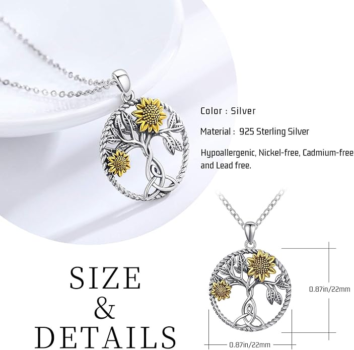 CHENGHONG Sunflower Necklace 925 Sterling Silver Tree of Life Necklace Daisy/Rose/Sunflower Pendant Necklace Sunflower Jewelry Gifts for Women Mom