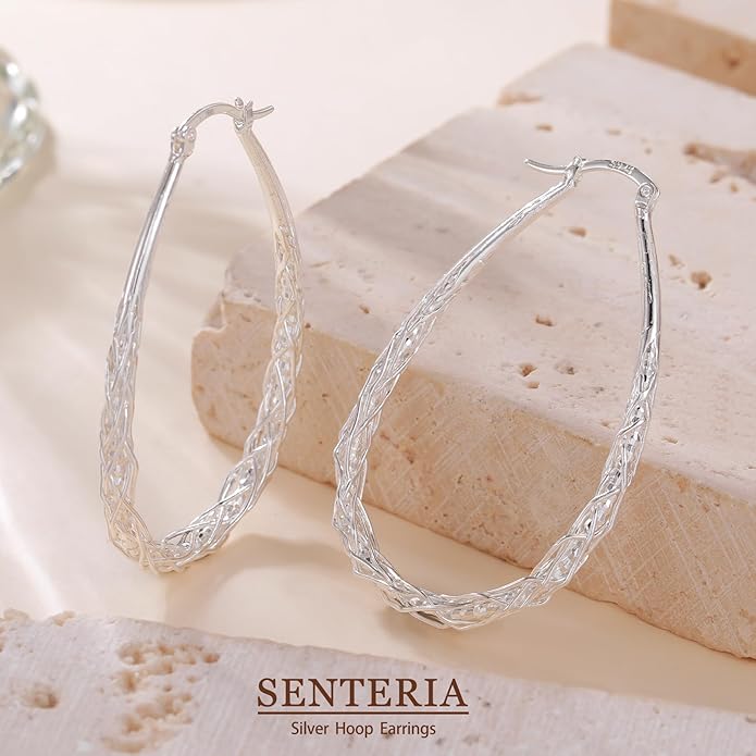 Senteria Sterling Silver Hoop Earrings - Medium, Lightweight, Thick Twist Oval Hoops