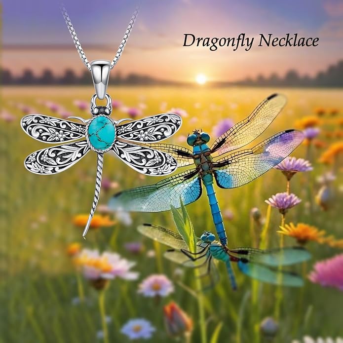 Vintage Dragonfly Necklace for Women 925 Sterling Silver, Oval Birthstone Dragonfly Pendant Boho Jewelry Birthday Gift for Her, Mom, Grandma