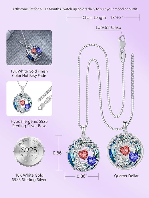 TOUPOP s925 Sterling Silver Family Celtic Tree of Life Pendant Necklaces with 2 Heart Birthstone with Blue Austrian Crystal Jewelry Birthday Anniversary Christmas Gifts for Her Wife Girlfriend Mom (18K Real White Gold Filled)