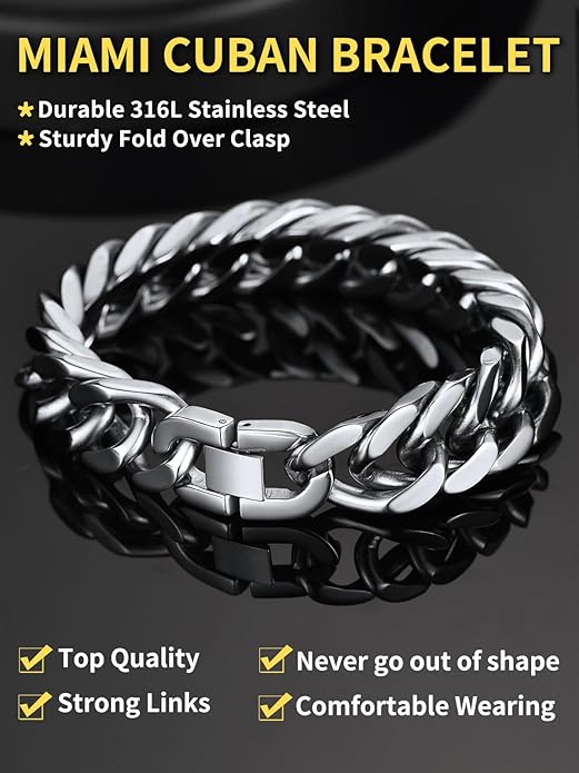ChainsHouse Stainless Steel Cuban Link Bracelet, 8mm/12mm/17mm Width, 7.5"/8.3"/9", 18K Gold Plated Chain Wrist Bracelets for Men Women, Send Gift Box