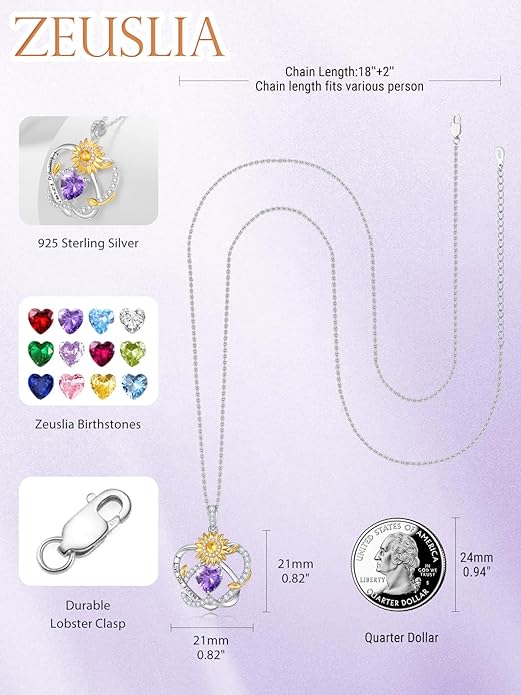 Zeuslia Double Birthstone Necklace Gifts for Wife - 925 Sterling Silver Sunflower/Rose/Crown Cross/Compass/Heart Pendant I Love You Necklace, Anniversary Birthday Gifts for Wife Girlfriend Mom Her