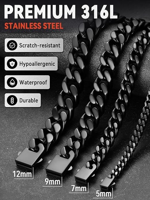 FaithHeart Mens Stainless Steel Cuban Link Bracelet - 5/7/9/12mm Width 7.5"/8.3"/9" Black/Silver/Gold Plated Heavy Duty Wrist Chain Bracelet Hip Hop Jewelry Birthday Gifts for Him