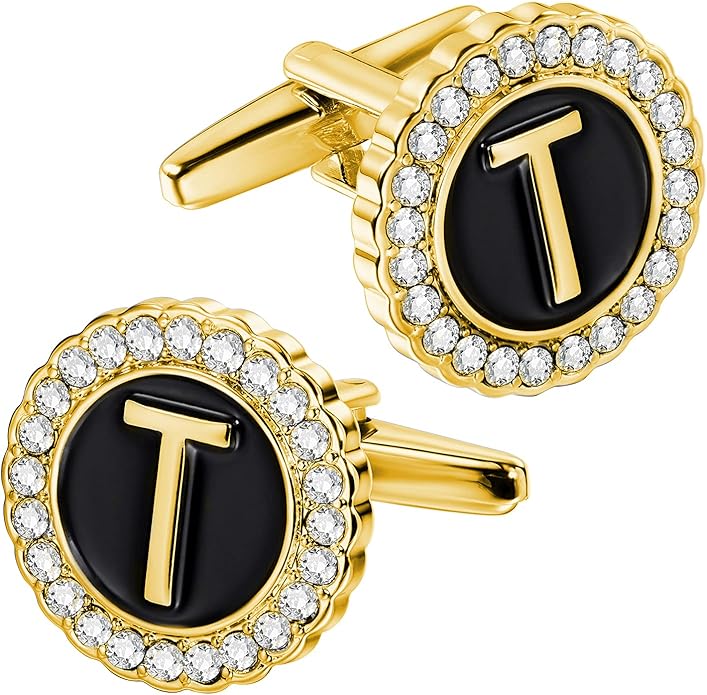 HAWSON A-Z Initial Cufflinks for Men and Women with Clear Crystal, Gold Silver Color Rasied Letter A-Z Cuff Links for French Shirt, Gift for Normal and Business Wearing