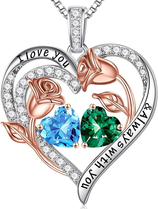 Iefil Birthstone Necklace for Women - 925 Sterling Silver Rose Heart Birthstone Necklace Birthday Anniversary Jewelry Gifts for Her Wife Mom Daughter