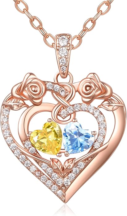 JIYVY32 Rose Heart Necklace for Women Exquisite 925 Sterling Silver Anniversary Birthday Gifts for Wife Mom Her Double Birthstone Pendant Jewelry
