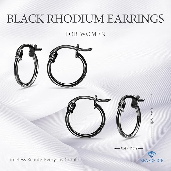 SEA OF ICE 925 Sterling Silver Hoop Earrings for Women - Hypoallergenic Earrings for Women in Sterling Silver, Yellow Gold, Rose Gold or Black Rhodium | Sizes 12MM, 15MM, 20MM or Multipack