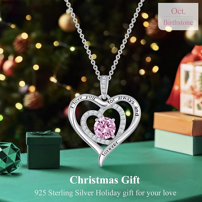 S925 Sterling Silver Necklace for Women, Christams Gift for Women, Love Heart Birthstone Necklaces for Women, Wife Jewelry, Mom Birthday Valentines Mothers Day Gifts, Girlfriend Necklaces, Daughter Heart Jewel, Anniversary for Her