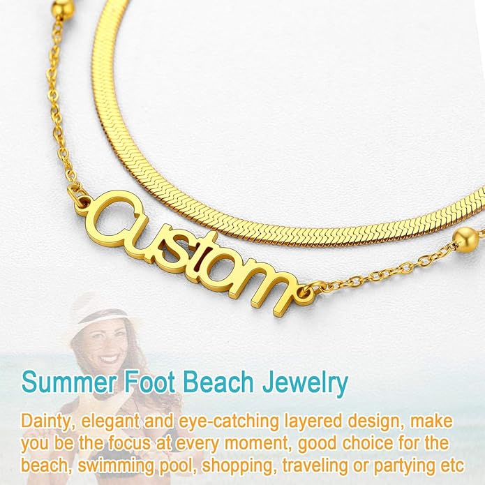 U7 Custom Layered Ankle Bracelets for Women Stainless Steel Bead/Cuban/Figaro/Rope/Wheat Chain Anklet Waterproof Anklet Jewelry for Beach Vacation