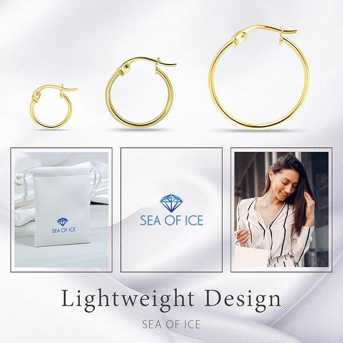 SEA OF ICE 925 Sterling Silver Hoop Earrings for Women - Hypoallergenic Earrings for Women in Sterling Silver, Yellow Gold, Rose Gold or Black Rhodium | Sizes 12MM, 15MM, 20MM or Multipack