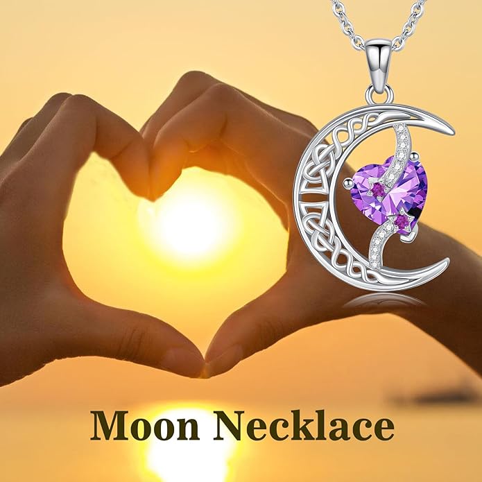 TOUPOP Moon and Star Birthstone Necklace for Women 925 Sterling Silver Celtic Moon Jewelry Birthday Christmas Gifts for Her Girlfriend