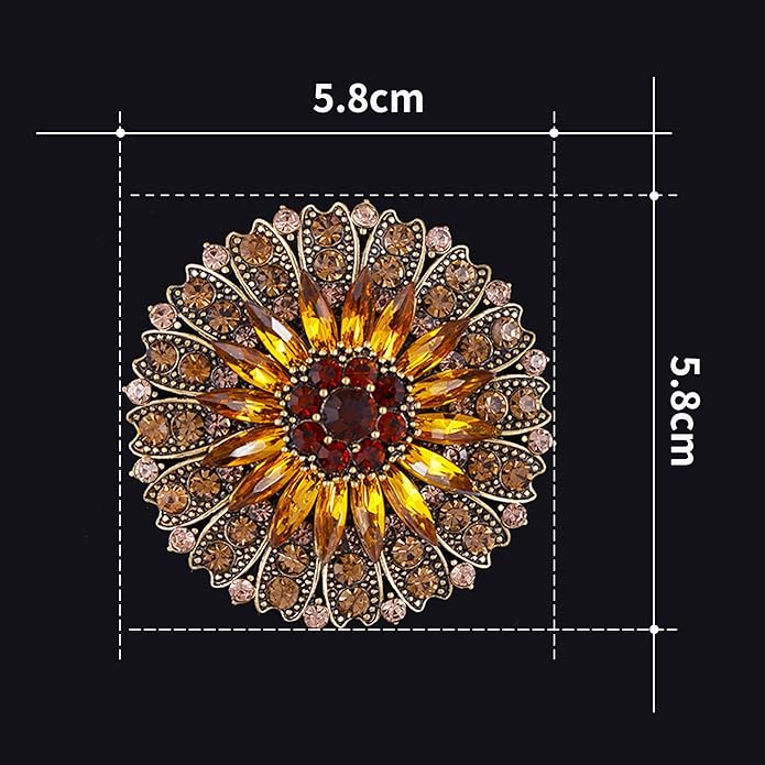 Rhinestone Crystal Flower Brooch for Women - Sparkling Large Sunflower Brooch with Vintage Floral Design - Elegant Lapel Pin for Wedding, Bridal Dresses, Jackets & Scarves