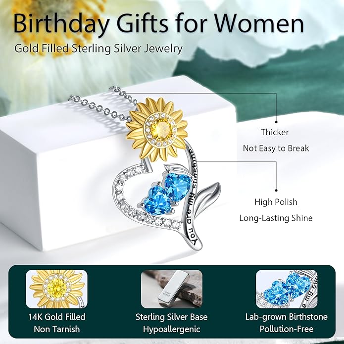 PERJI Valentine's Day Gifts for Women - 925 Sterling Silver Double Birthstone Sunflower Necklace, Anniversary Birthday Jewelry You are My Sunshine Gifts for Wife Couple Girlfriend 18"+2" Non Tarnish