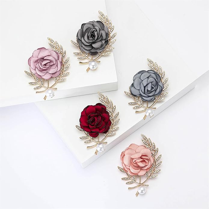 Rose Brooch for Women,Dainty Satin Fabric Flower Lapel Pins Vintage Elegant Pearl Brooches Handmade Crystal Pearl Pins Silk Camellia Safety Collar Pin Dress Suit Accessories Wedding Bridal Bouquet Jewelry
