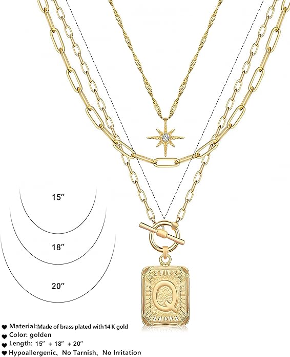 MJartoria Layered Initial Necklaces for Women Trendy, 14K Gold Plated Brass Simple Star Choker Square Letter Pendant Necklace, Paperclip Chain Necklaces Jewelry Gifts