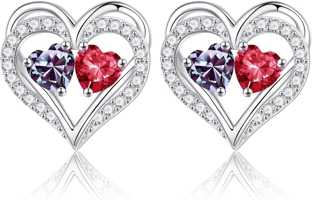 Iefil Birthstone Earrings for Women - 925 Sterling Silver Heart Earrings Anniversary Birthday Gifts for Women Wife Girlfriend Mom