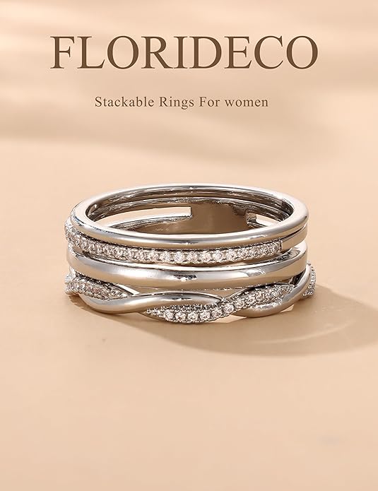 Florideco 14K Gold Plated Stackable Rings for Women Non Tarnish Dainty Cubic Zirconia Ring Set Minimalist Wedding Bands Ring Stack Statement Engagement Promise Thumb Rings Size 5-10