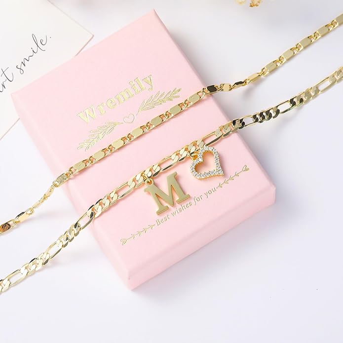 Initial Ankle Bracelets for Women Waterproof 14K Gold Plated Dainty Layered Figaro Chain Letter Initial CZ Heart Ankle Bracelets Set Summer Beach Jewelry for Women