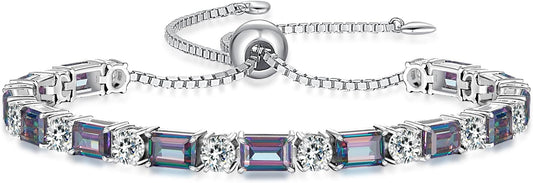 Birthstone Tennis Bracelets for Women White Gold Sterling Silver Gemstone Bracelets Adjustable Chain 6-9 Inchs Jewelry Anniversary Birthday Gifts for Women Mom Wife Her