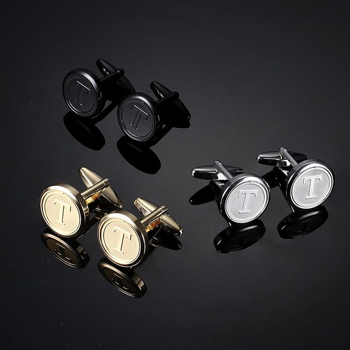LOLIAS 3 Pairs Initial Cufflinks For Men Classic Mens CuffLinks Set Letter Cuff Links for Casual to Formal with Gift Box Silver Black 14K gold plated Cufflinks for Father Husband