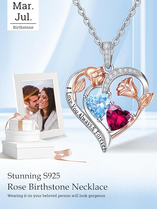 Zeuslia Double Birthstone Necklace Gifts for Wife - 925 Sterling Silver Sunflower/Rose/Crown Cross/Compass/Heart Pendant I Love You Necklace, Anniversary Birthday Gifts for Wife Girlfriend Mom Her