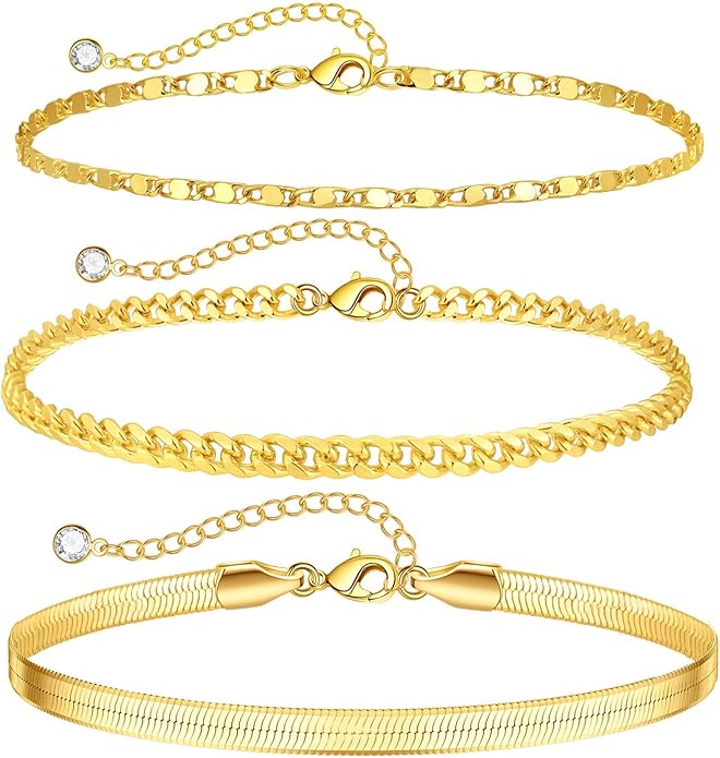 2/3 PCS Gold Anklets for Women Waterproof Cuban Link Anklet Beaded Bracelets Stackable Bracelets 14K Gold Plated Custom Jewelry Gifts Non Tarnish Lightweight