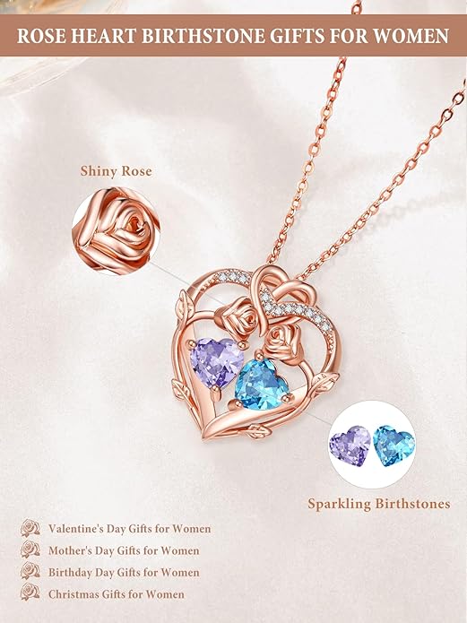 Rose Gold Necklaces for Women Double Birthstone Rose Flower Heart Pendant Necklace Jewelry Anniversary Christmas Valentine's Mother's Day Birthday Gift for Wife Mom Her Girlfriend Sister