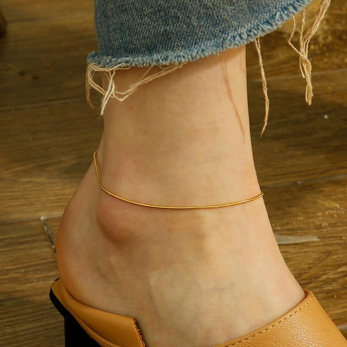 Gold Plated Ankle Bracelets For Women Waterproof,18k Gold Plated Anklets Layered Thin Snake Chain Herringbone Anklets Non Tarnish Stainless Steel Dainty Summer Jewelry Set Gift For Women