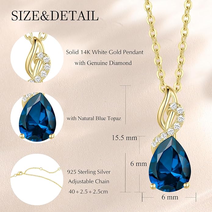 FANCIME 14K Solid Yellow Gold Teardrop Pendant with Diamond Birthstone Necklace Birthday Gifts for Mom Women, Sterling Silver Chain 16" + 2" Extender