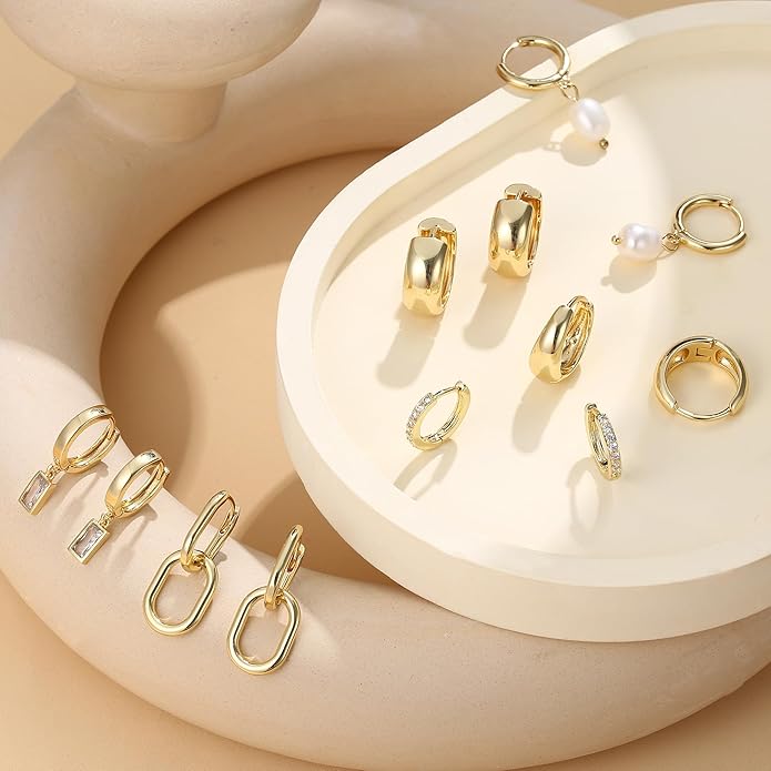 BESTEEL 13 Pairs Small Stud Hoop Earrings Set for Women Hypoallergenic Gold Plated Huggie Hoops Pearl Dainty Lightweight Earrings for Gift
