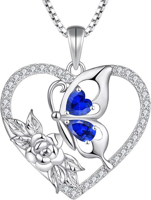 YL Women's Butterfly Necklace 925 Sterling Silver Flower Rose Pendant Birthstone Halo Jewelry