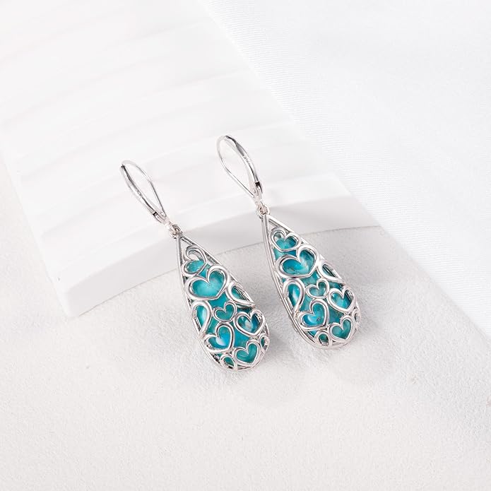 Turquoise Earrings for Women, 925 Sterling Silver Leverback Teardrop Earrings,Vintage Boho Western Turquoise Jewelry