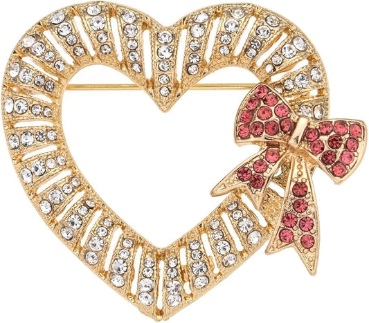 MADISON TYLER Valentines Day Heart Gift Box Brooch | Chocolate Gift Box Pave Rhinestone Heart | Gold Bow Brooch Jewelry for Her | Couples Gifts for Backpacks Valentine's Day