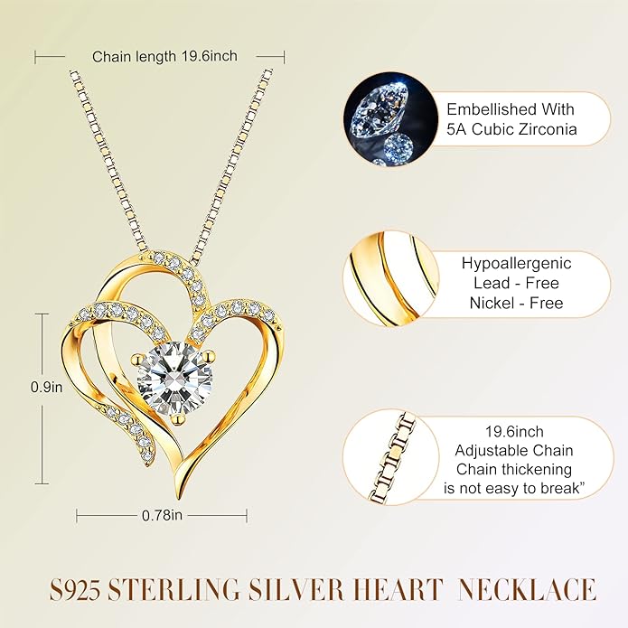 Double Heart Birthstone Necklace for Women - 925 Sterling Silver Adjustable Chain, 12-Month Cubic Zirconia Pendant, Gift for Wife/Girlfriend/Mom (Anniversary, Valentine's Day, Christmas)