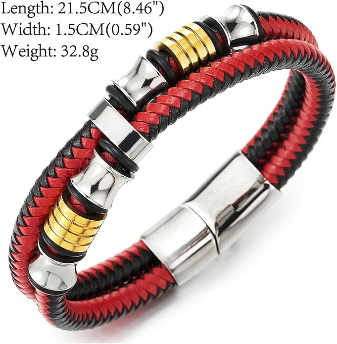 COOLSTEELANDBEYOND Mens Double-Row Braided Leather Bracelet Bangle Wristband with Stainless Steel Ornaments