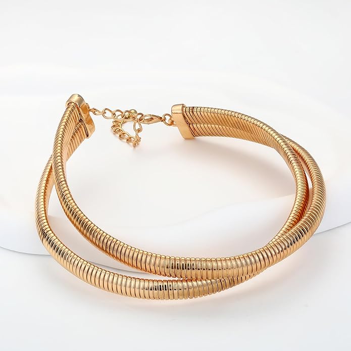 Chunky Gold Choker Necklace for Women, 14K Gold Plated Snake Chain Statement Necklace Triple Twsited Layered Choker Necklaces Jewelry Gifts