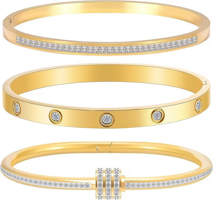 Gold Bracelets for Women - Stackable Bangles with Friendship & Love Theme - Stainless Steel Jewelry Gift for Her