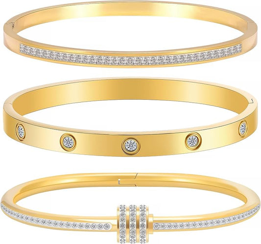 Gold Bracelets for Women - Stackable Bangles with Friendship & Love Theme - Stainless Steel Jewelry Gift for Her