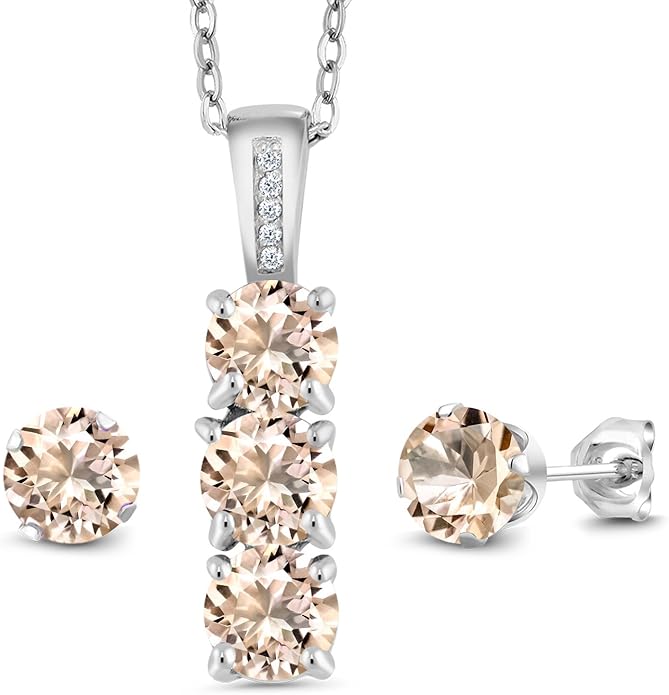 Gem Stone King 925 Sterling Silver 5MM Gemstone Birthstone and White Diamond 3-Stone Pendant and Earrings Jewelry Set For Women | With 18 Inch Chain