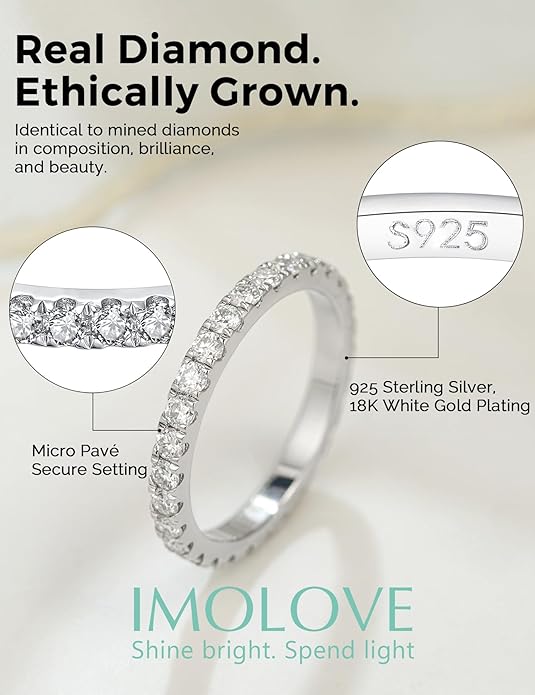 IMOLOVE Lab Grown Diamond Wedding Bands, 0.3-0.42 Carat, Eternity Rings in 18K White Gold & Sterling Silver Size 4-11