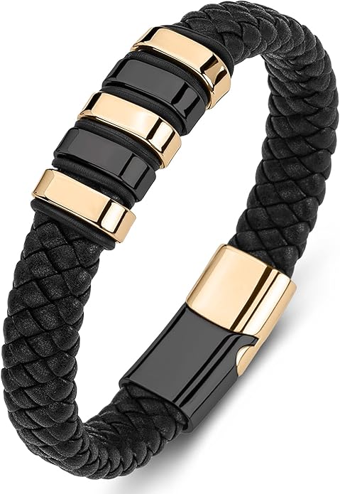 Leather Bracelet for Men Braided Cuff Wristband Stainless Steel Clasp in Silver and Gold Jewellery Gift