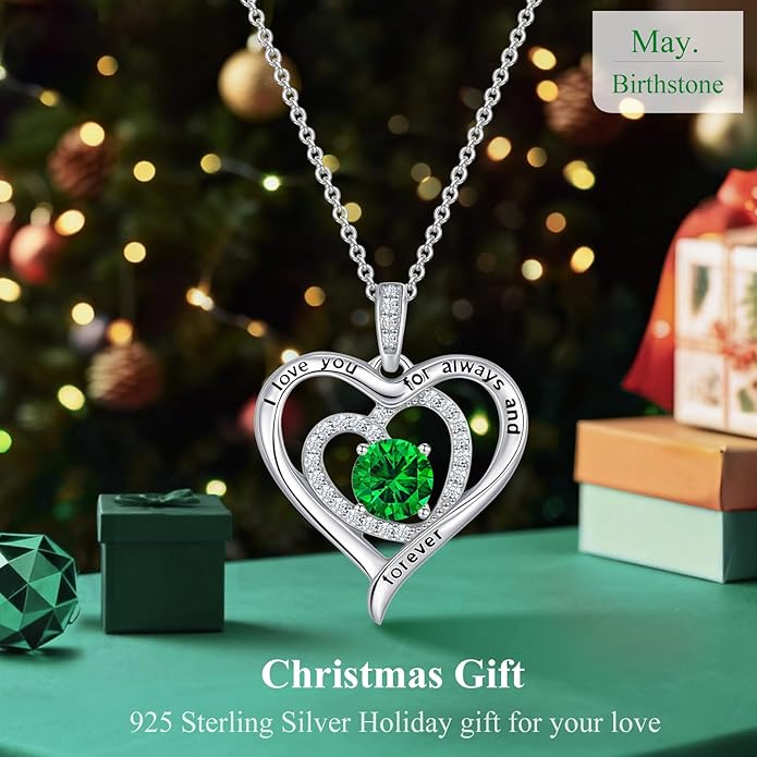 S925 Sterling Silver Necklace for Women, Christams Gift for Women, Love Heart Birthstone Necklaces for Women, Wife Jewelry, Mom Birthday Valentines Mothers Day Gifts, Girlfriend Necklaces, Daughter Heart Jewel, Anniversary for Her