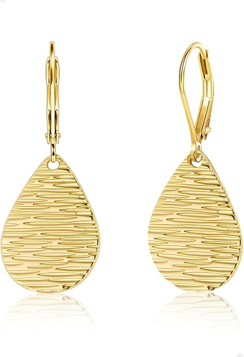 Sterling Silver Dangle Earrings for Women Trendy 14k Gold Dangle Drop Earrings Teardrop Hammered Leverback Earings for Women Jewelry Gifts