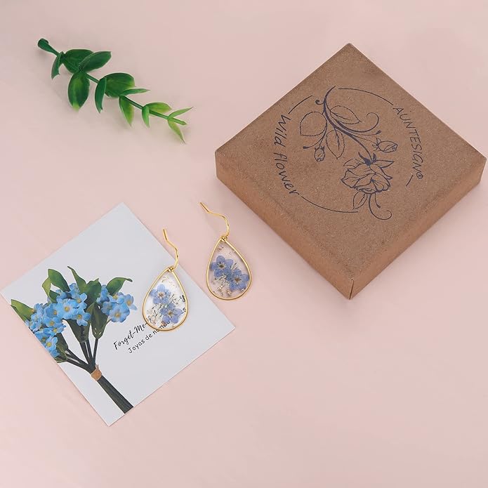 Forget-Me-Not and Queen Anne's Lace Pressed Wildflower Earrings | Pressed Flower Earrings | Handmade Drop and Dangle Earrings | Gift for Woman